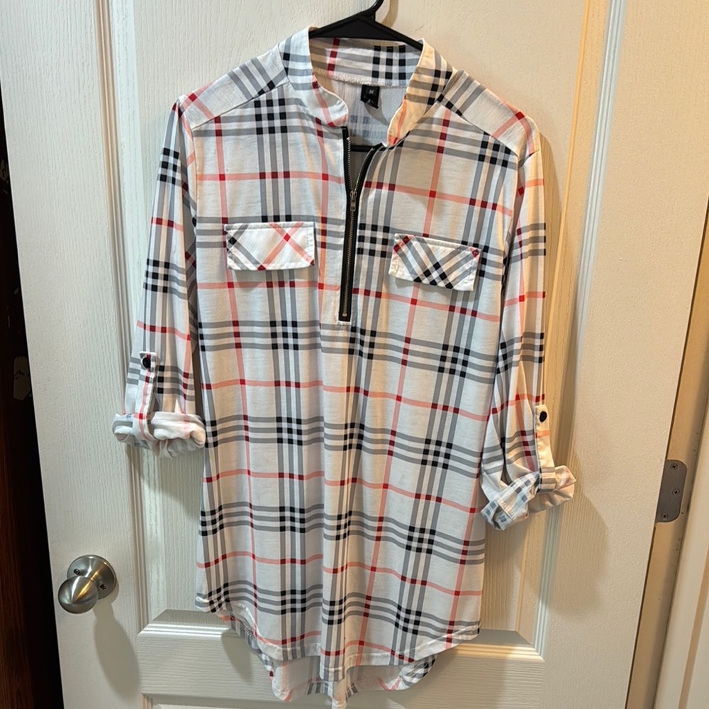 Plaid Button-Up Shirt with Roll-Up Sleeves